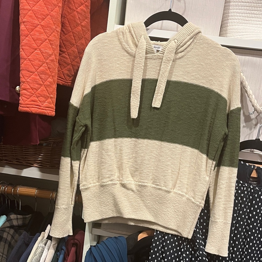 Madewell Olive and Cream Striped Knit Hoodie